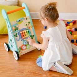 TeamsonUS Teamson Kids Preschool Play Lab Wooden Baby Walker And Activity Station, Natural/Blue