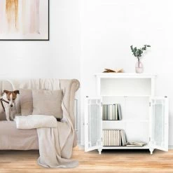 TeamsonUS Teamson Home Windsor Wooden Floor Cabinet With Glass Mosaic Doors, White