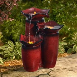 TeamsonUS Teamson Home Outdoor 3-Tier Glazed Pot Floor Fountain With LED Lights, Red