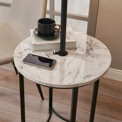 TeamsonUS Teamson Home Shenna Floor Lamp With Faux Marble Tray Table And Built-In USB Port, Black