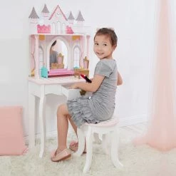 TeamsonUS Fantasy Fields Kids Dreamland Castle Vanity Set With Chair And Accessories, White/Pink