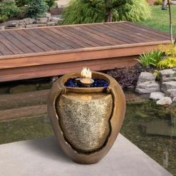 TeamsonUS Teamson Home Large Outdoor Water Fountain Pot With Fire Pit And Fire Glass, Brown New
