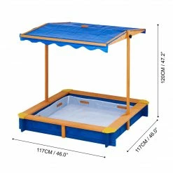 TeamsonUS Teamson Kids 4' Square Solid Wood Sandbox With Rotatable Canopy Cover, Honey/Blue