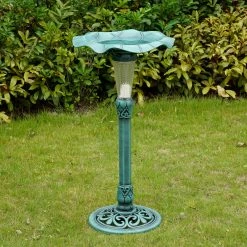 TeamsonUS Teamson Home Decorative Polyresin Lotus Leaf Pedestal Birdbath With LED Light, Green