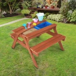 TeamsonUS Teamson Kids Outdoor Wooden Picnic Table With 2 Sensory Bins For Sand/Water Play Plus Accessories, Warm Cherry