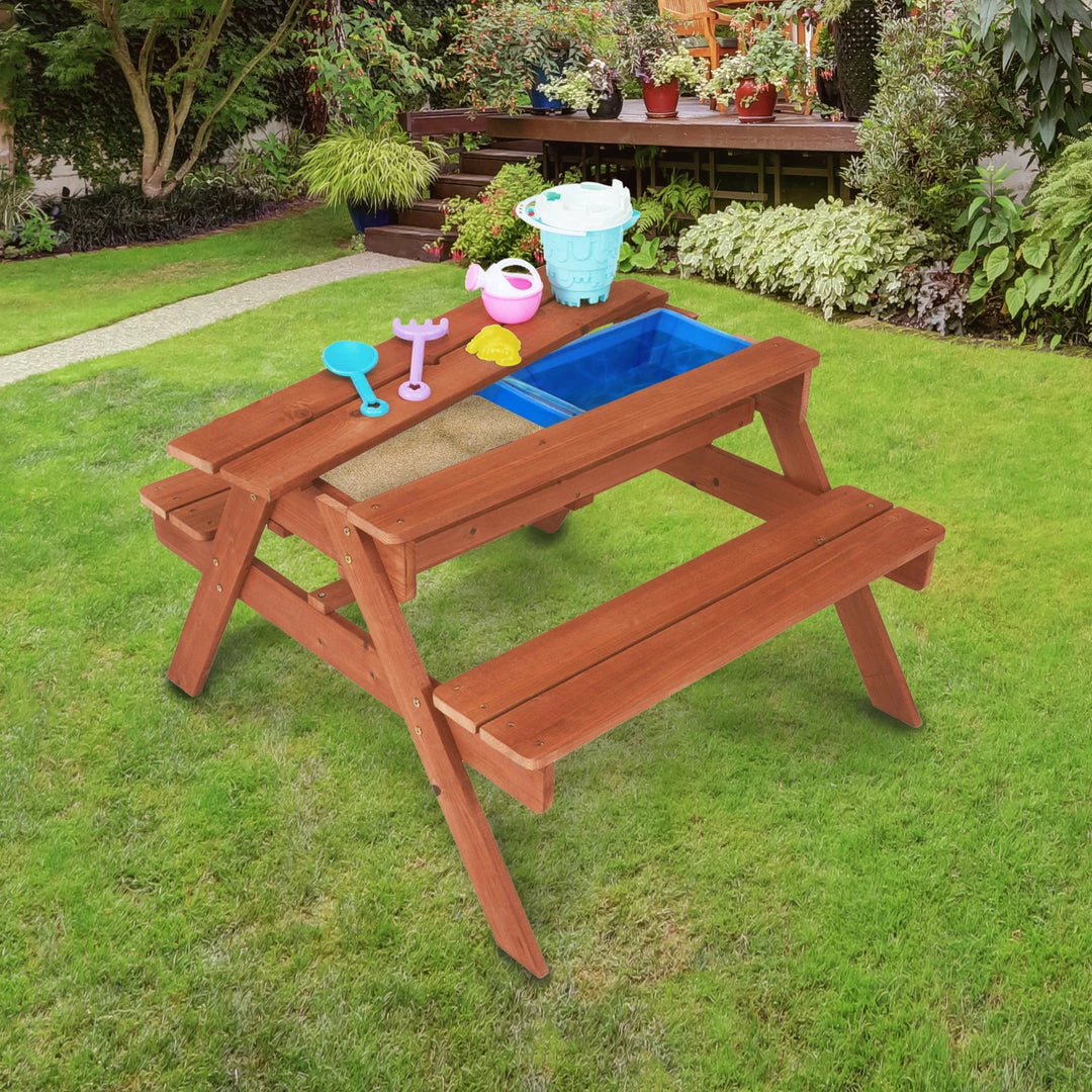 TeamsonUS Teamson Kids Outdoor Wooden Picnic Table With 2 Sensory Bins For Sand/Water Play Plus Accessories, Warm Cherry