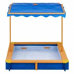 TeamsonUS Teamson Kids 4' Square Solid Wood Sandbox With Rotatable Canopy Cover, Honey/Blue