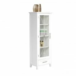 TeamsonUS Teamson Home Delaney Free Standing Tall Slim Linen Storage Cabinet Tower With Glass Panel Door