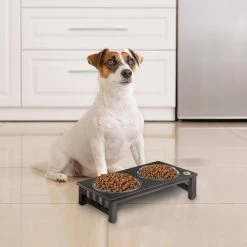 TeamsonUS Teamson Pets 6.5" Pet Dog Feeder With 2 Stainless Steel Bowls, Espresso