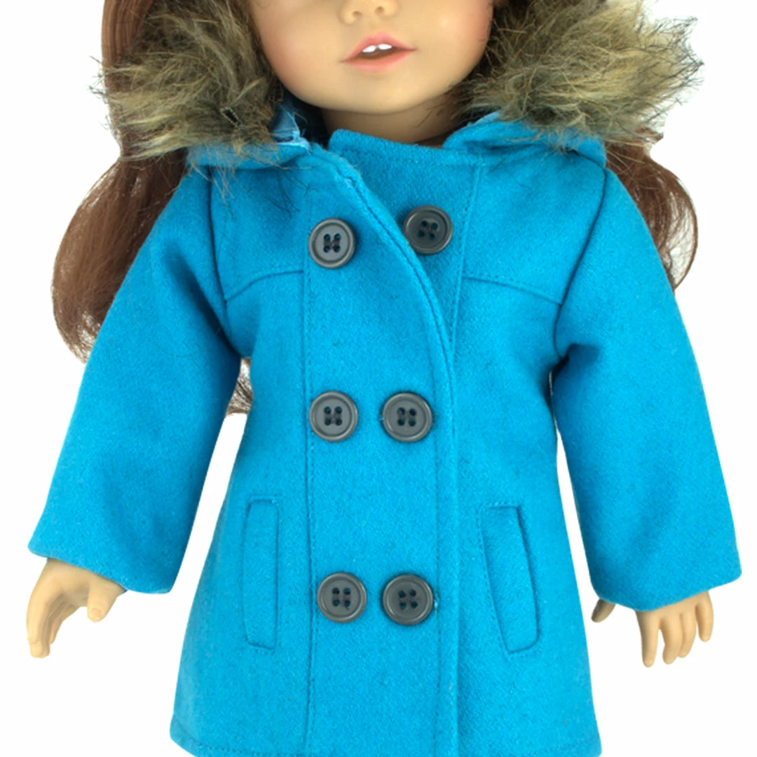 TeamsonUS Sophia's 3 Piece Winter Set Includes Fur Trimmed Pea Coat, Animal Print Leggings And Boots For 18" Dolls, Turquoise/Brown