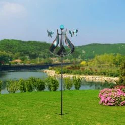 TeamsonUS Teamson Home Outdoor Solar Tulip And Butterfly Kinetic Windmill Sculpture With LED Light, Teal