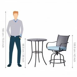 TeamsonUS Teamson Home Outdoor 3 Piece Steel Bar Height Bistro Table And Swivel Chairs With Cushions Set, Black