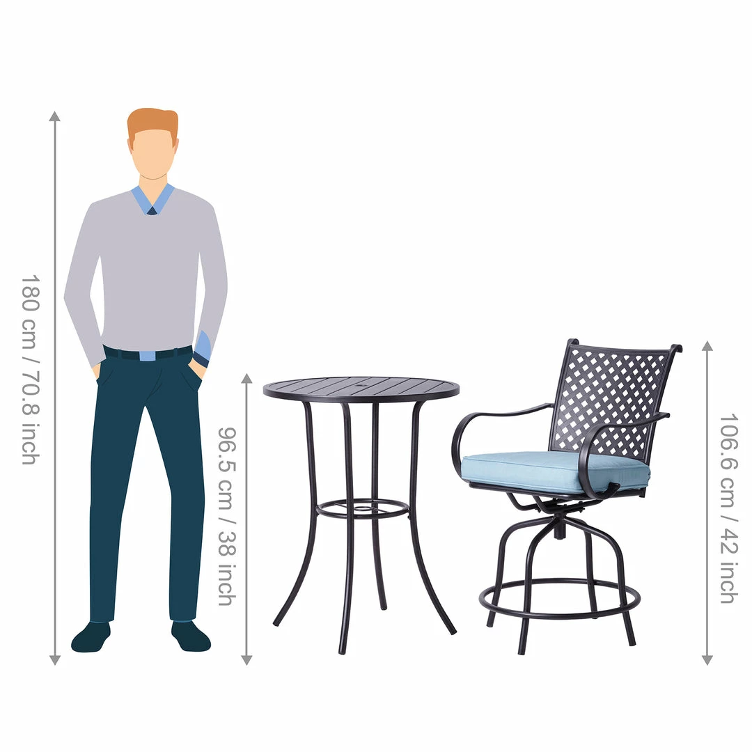 TeamsonUS Teamson Home Outdoor 3 Piece Steel Bar Height Bistro Table And Swivel Chairs With Cushions Set, Black