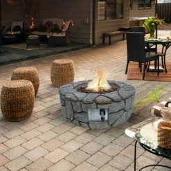 TeamsonUS Teamson Home 28" Outdoor Round Stone Propane Gas Fire Pit, Stone Gray