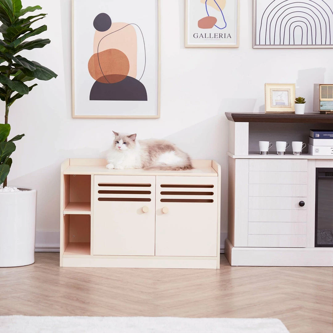 TeamsonUS Teamson Pets Robin Vented Wooden Cat Litter Box Enclosure Storage Bench, White