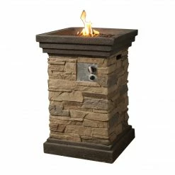 TeamsonUS Teamson Home 20" Outdoor Square Slate Rock Propane Gas Fire Pit With Natural Stone Steel Base, Brown