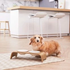 TeamsonUS Teamson Pets Billie Small Elevated Ash Wood Pet Feeder With Ceramic Bowls, Brown