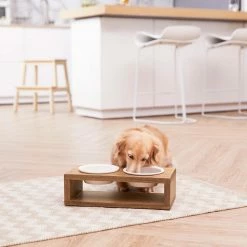 TeamsonUS Teamson Pets Billie Small Elevated Wood Pet Feeder With Ceramic Bowls, Brown New