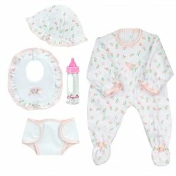 TeamsonUS Sophia's 5 Piece Floral Print Baby Doll And Bottle Set For 15'' Dolls, White/Pink