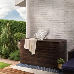 TeamsonUS Teamson Home Outdoor Rattan Wicker 154 Gallon Patio Storage Box With Lining, Brown New