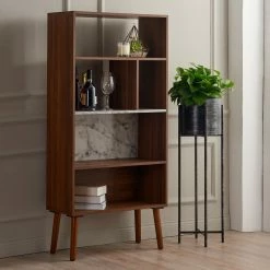 TeamsonUS Teamson Home Kingston Wooden Bookcase With Marble-Look Top, Marble/Walnut