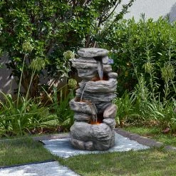 TeamsonUS New Teamson Home Indoor/Outdoor 4-Tier Stacked Stone-Look Tall Waterfall Fountain With LED Lights