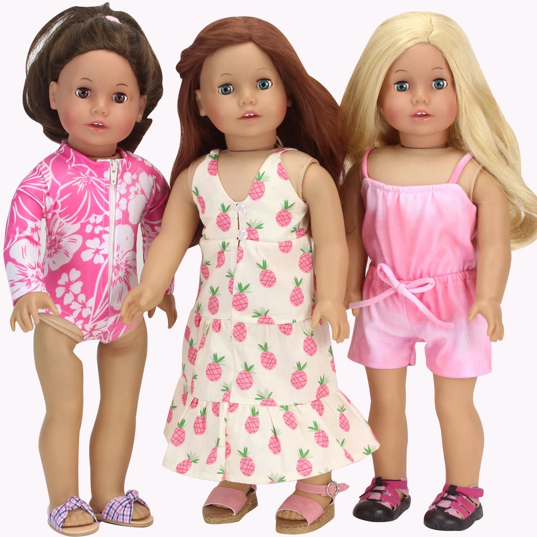 TeamsonUS Kids Sophia's Hawaiian Print Long Sleeve Rash Guard Swimsuit For 18" Dolls, Hot Pink