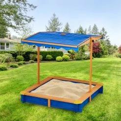 TeamsonUS Teamson Kids 4' Square Solid Wood Sandbox With Rotatable Canopy Cover, Honey/Blue
