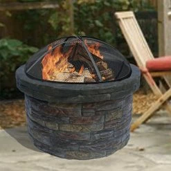TeamsonUS Teamson Home 27" Outdoor Round Stone Wood Burning Fire Pit With Steel Base, Natural Stone