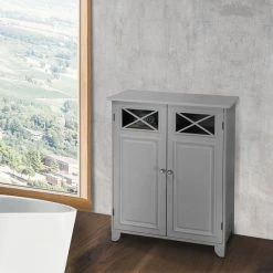 TeamsonUS New Teamson Home Dawson Contemporary Wooden Floor Storage Cabinet With Two Doors, Gray
