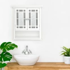 TeamsonUS Teamson Home Windsor Removable Wooden Wall Cabinet With Glass Mosaic Doors, White