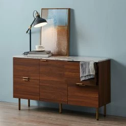 TeamsonUS Teamson Home Ashton Rectangular Wood Sideboard With Marble-Look Top And Metal Legs, Marble/Walnut