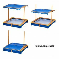 TeamsonUS Teamson Kids 4' Square Solid Wood Sandbox With Rotatable Canopy Cover, Honey/Blue