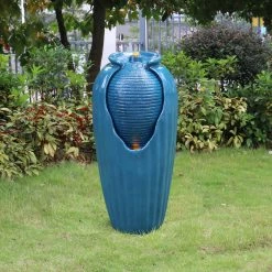 TeamsonUS Teamson Home Indoor/Outdoor Contemporary Glazed Contoured Vase Water Fountain With LED Lights, Blue
