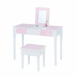 TeamsonUS Fantasy Fields Kids Kate Twinkle Star Vanity Set With Foldable Mirror And Chair, Pink/White