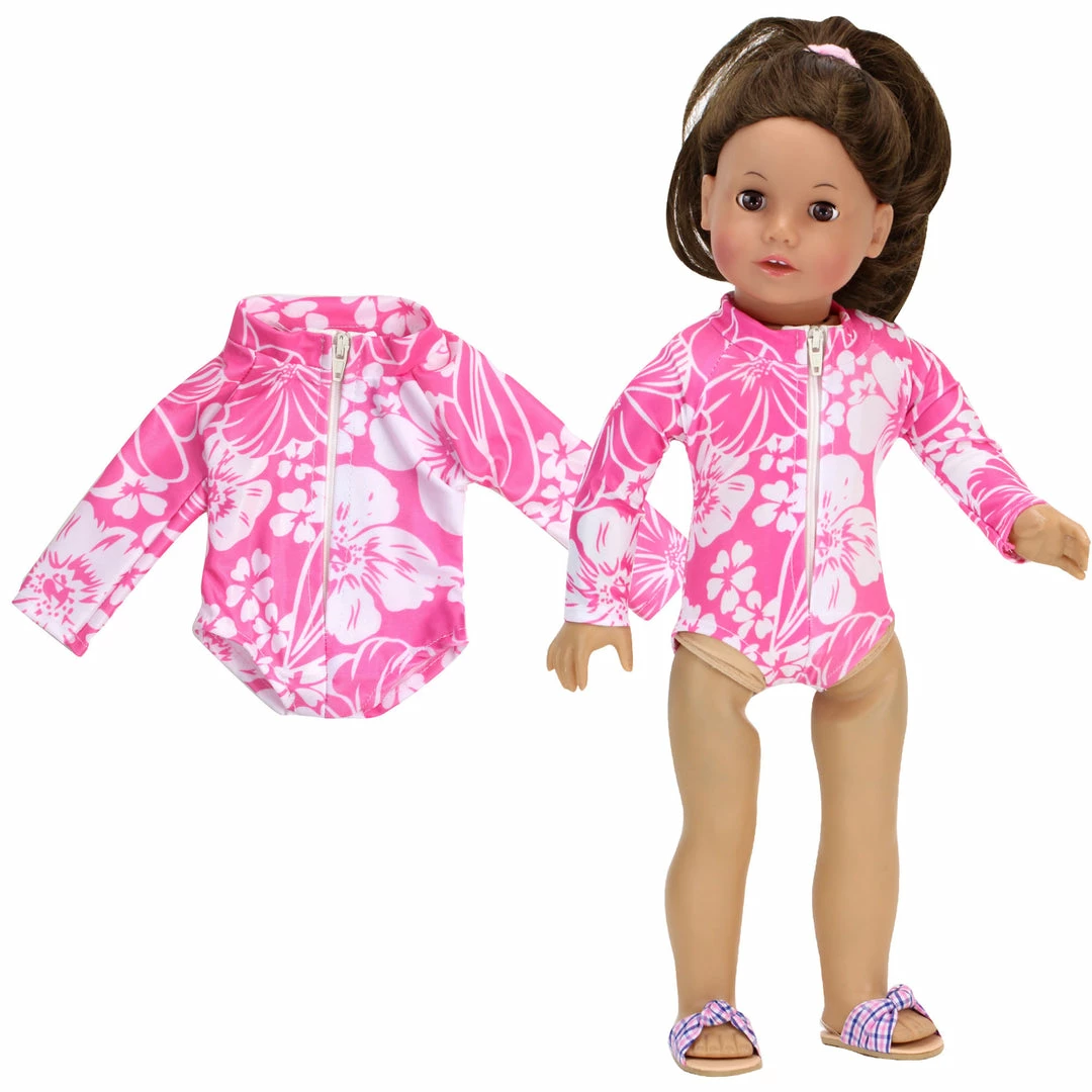 TeamsonUS Kids Sophia's Hawaiian Print Long Sleeve Rash Guard Swimsuit For 18" Dolls, Hot Pink