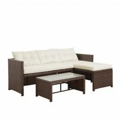 TeamsonUS Teamson Home Outdoor 3-Piece Rattan Patio Sectional Set With Loveseat, Chaise Lounge And Coffee Table, Brown/White