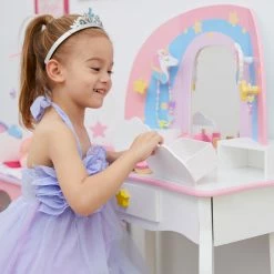 TeamsonUS Fantasy Fields Little Dreamer Rainbow Unicorn Vanity Table Set With Mirror And Stool, White Kids