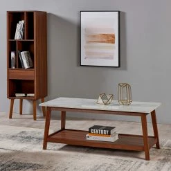 TeamsonUS Teamson Home Kingston Wooden Coffee Table With Storage And Marble-Look Top, Marble/Walnut