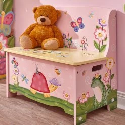 TeamsonUS Fantasy Fields Magic Garden Kids Wooden Storage Bench, Pink