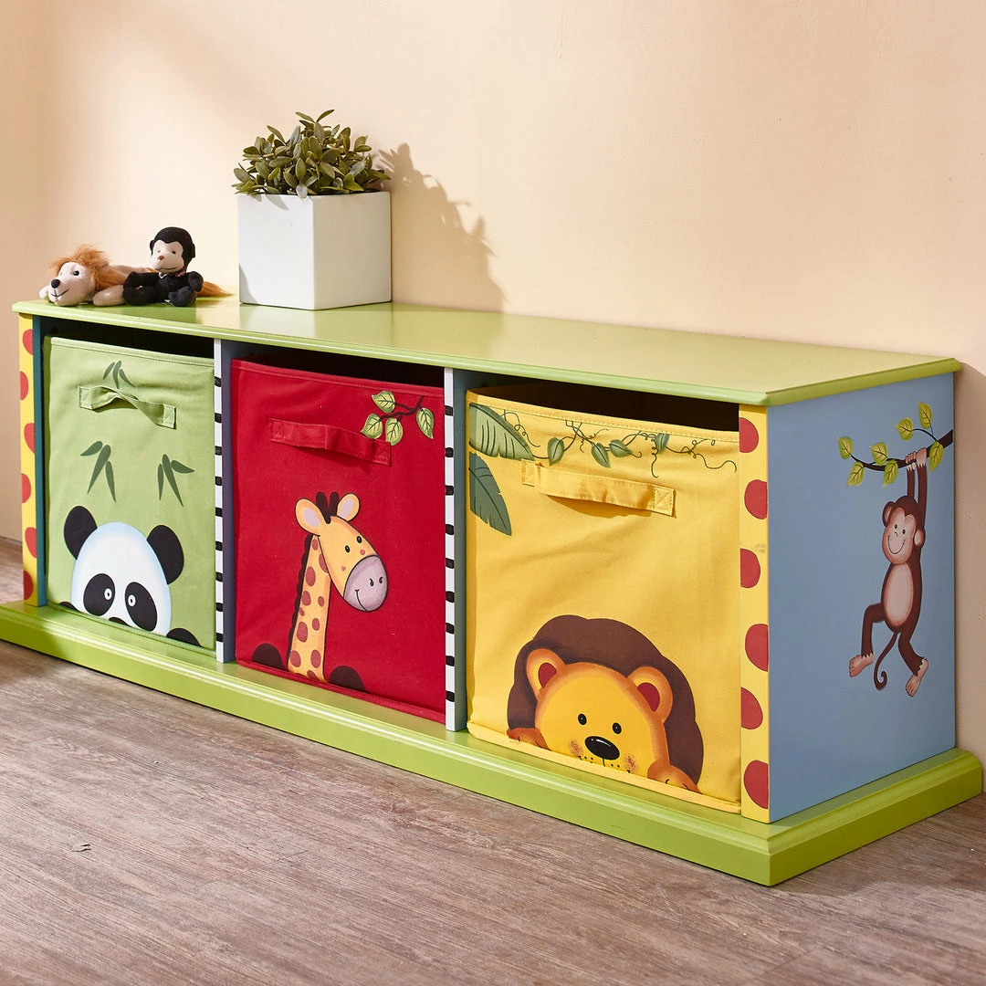 TeamsonUS Fantasy Fields Sunny Safari Kids Wooden Storage Cubby Bench, Green/Blue