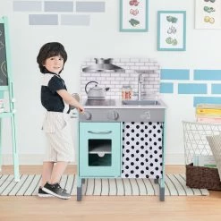 TeamsonUS Teamson Kids Little Chef Philly Modern Wooden Kitchen Playset, Mint/White