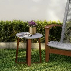 TeamsonUS Teamson Home Outdoor Solid Eucalyptus Wood Patio Side Table With Superstone Cement Top, Gray