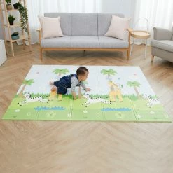 TeamsonUS Teamson Kids Reversible Safari Animal/Garden Insects Soft Foam Crawling Mat For Babies, Blue/Gray
