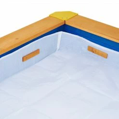 TeamsonUS Teamson Kids 4' Square Solid Wood Sandbox With Rotatable Canopy Cover, Honey/Blue
