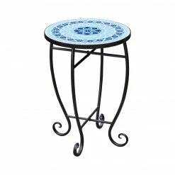 TeamsonUS Teamson Home Small 14" Round Outdoor Mosaic Side Table Planter Stand, Blue