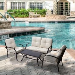 TeamsonUS Teamson Home Outdoor 4-Piece Metal Patio Set With Loveseat, Two Chairs & Table, Black/Beige