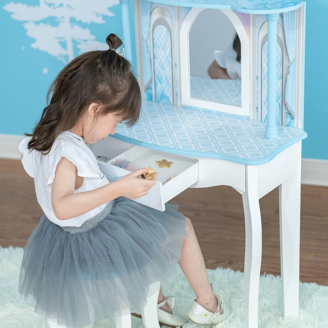 TeamsonUS Fantasy Fields Kids Dreamland Castle Vanity Set With Chair And Accessories, White/Blue