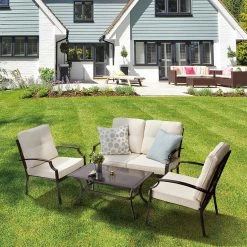 TeamsonUS Teamson Home Outdoor 4-Piece Metal Patio Set With Loveseat, Two Chairs & Table, Black/Beige