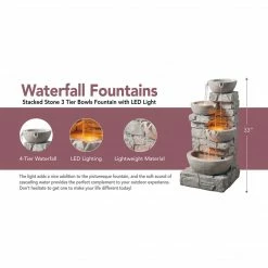 TeamsonUS Teamson Home Stacked Stone Tiered Bowl Waterfall Fountain W/ LED Light, Gray